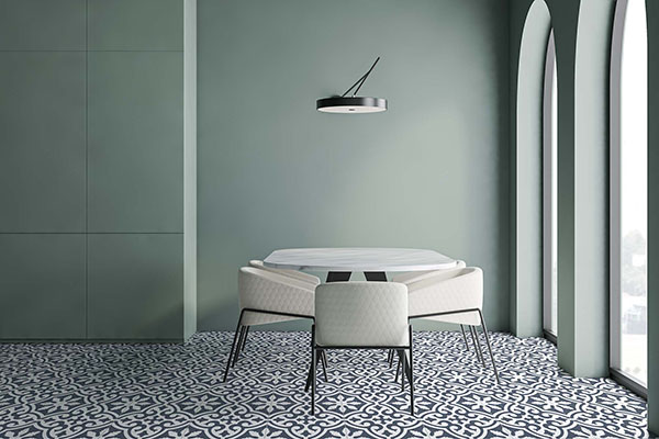 Interior,Of,Modern,Panoramic,Dining,Room,With,Green,Walls,,Concrete