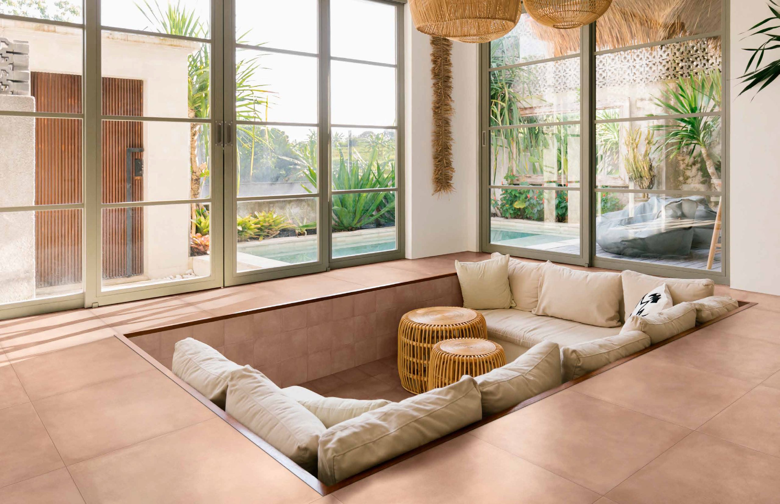 Horizontal image of bright and modern design living room.